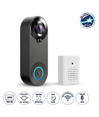 GloboStar® 86075 Επαναφορτιζόμενη Ψηφιακή Έξυπνη Camera Εξώπορτας 1080P WiFi 166° Μοιρών - 2500mAh - Νυχτερινή Όραση με LED IR - Ανιχνευτή Κίνησης - Κουδούνι - Διπλή Κατέυθυνση Ομιλίας - Μαύρο